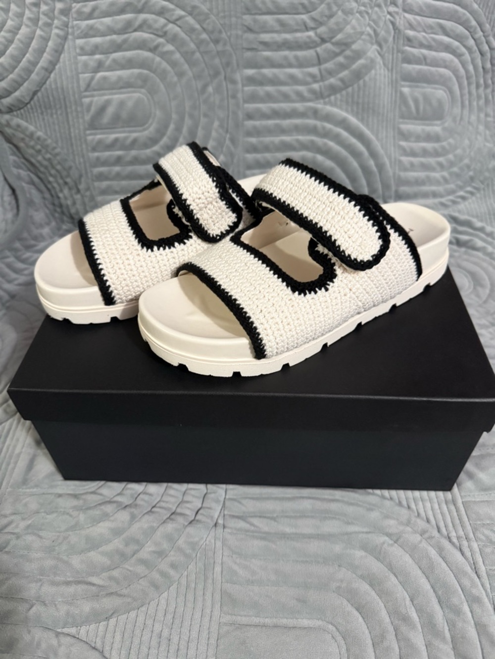 Marc Fisher White Crochet Double-Strap Slide Sandals with Black Trim

 Brand New